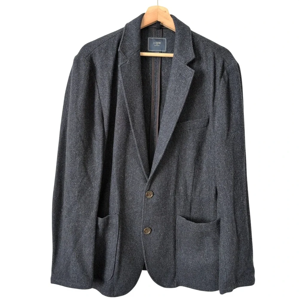 J Crew Men's Worsted Wool Blazer Jacket Navy Blue Knit Size L Two Button Pockets